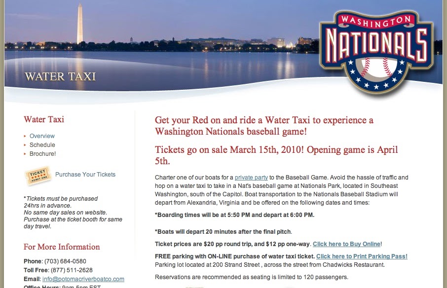 Pack a picnic, bring some beer or wine if you wish, . Nats320 A Washington Nationals Blog 2010 Water Taxi Tickets Plus Free Parking Available Now